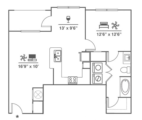 Floor plan for 1 bed, 1 bath, 852 sqft
